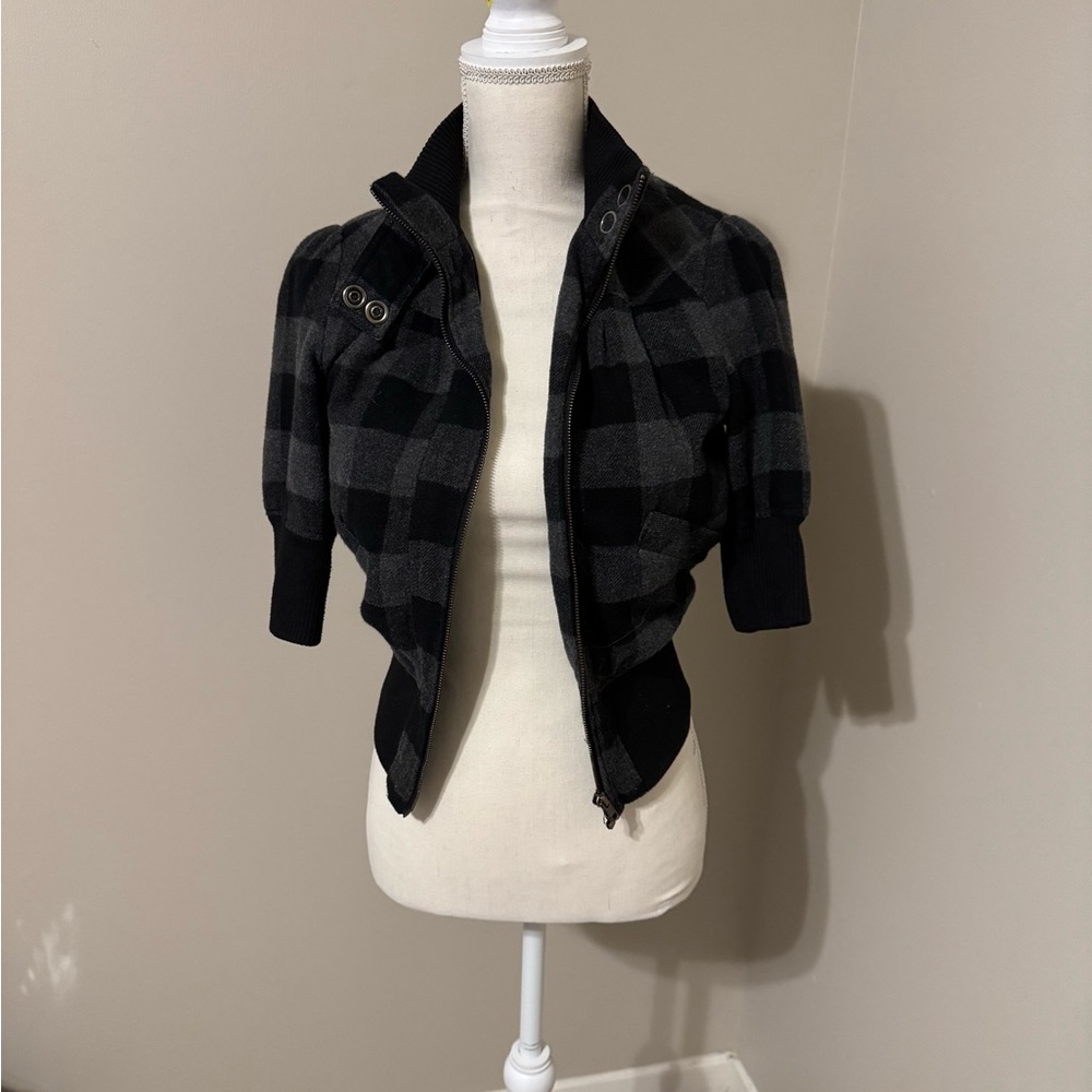 Black & Gray Plaid Cropped Bomber Jacket | Zip-Up | Size S